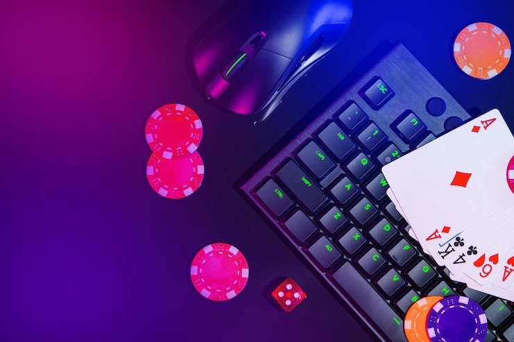 Meja blackjack klasik dengan dealer dan pemain dalam suasana kasino modern